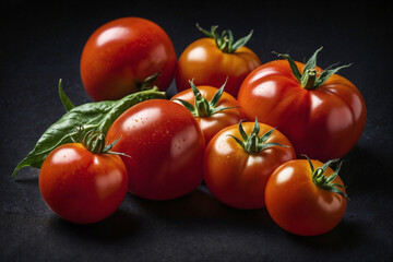 Tomato ai generated. Tomatoes on black background. Soft focus tomato on dark. Generative AI