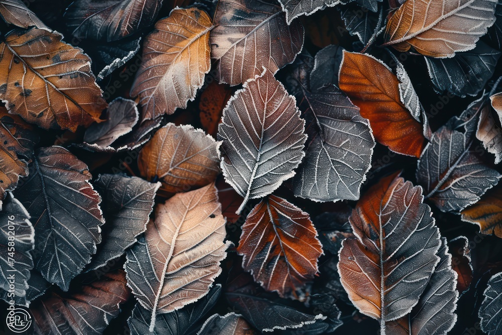 Poster close up of frost kissed leaves during early autumn showcasing the delicate transition from life to 