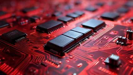Fototapeta na wymiar Background of red glowing computer boards microchips. Generative AI.