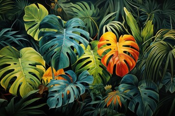 Fototapeta na wymiar Tropical Plants and Leaves Painting Generative AI