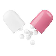 Medicine pill opening, show supplement powder isolated white background. 3D illustration