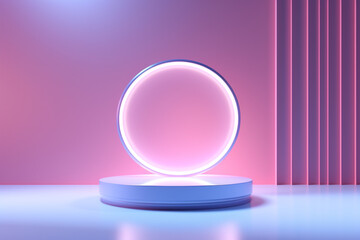 3D minimal pink and blue neon light display podium.  Product presentation, advertisement, and promotion stage. Generative AI