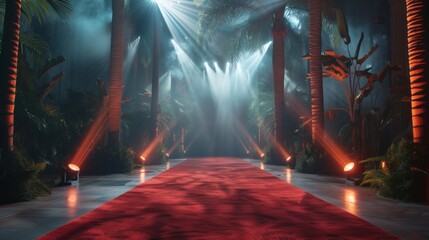Luxurious red carpet in a tropical setting illuminated by vibrant lights for an evening gala or event