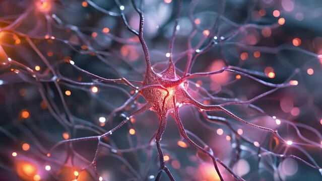 Neurons with glowing synapses, concept for Brain Computer Interface BCI application and neural networks concept. Brain cells neural interface with blinking signal