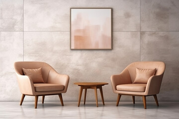 Modern living room interior with two beige armchairs