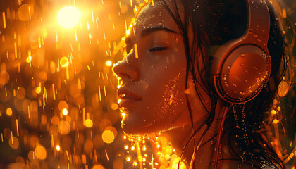 a woman wearing headphones standing under the rain