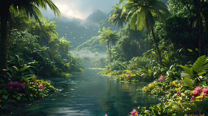A lush rainforest scene with towering trees