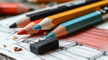 Artistic Expression: A Close-Up of Pencils on a Sketched Canvas