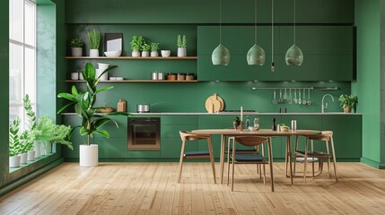 Charm of a minimalist green kitchen, simplicity reigns supreme with clean lines, uncluttered surfaces, and pops of vibrant greenery, creating a refreshing and inviting space for culinary adventures - obrazy, fototapety, plakaty