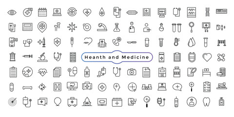 Outline set of hospital line icons. Thin lines icon set, medicine and health symbols, vector collection. - obrazy, fototapety, plakaty