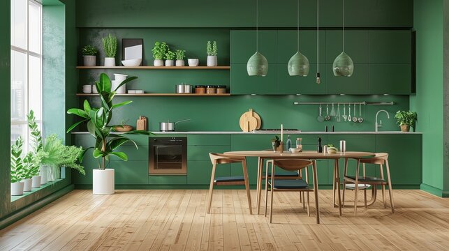 Charm of a minimalist green kitchen, simplicity reigns supreme with clean lines, uncluttered surfaces, and pops of vibrant greenery, creating a refreshing and inviting space for culinary adventures