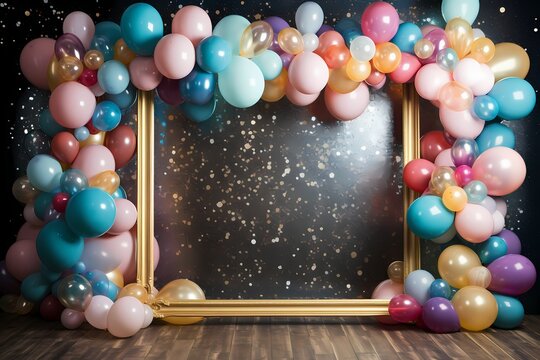 Balloons of all dimensions cluster around an empty birthday frame in crystal-clear resolution, setting the stage for a photographic celebration filled with cheer.