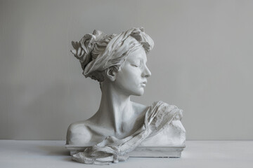 Antique white marble gypsum bust of woman.