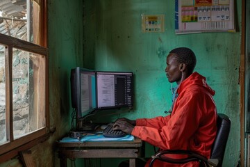 Clinician in a remote setting using a computer to access patient healthcare information.