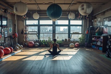 Young woman practicing yoga in a beautifully lit urban gym with an array of fitness equipment