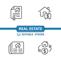 Fototapeta premium Real Estate Icons. House, Lease, Contract, For Sale, Newspaper, Dollar, Price Icon