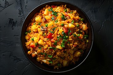 Thai Cuisine: Pineapple Fried Rice - Top View with a Black Background. Concept Thai Cuisine, Pineapple Fried Rice, Top View, Black Background