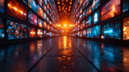 Fototapeta premium Vibrant display of illuminated screens creates a mesmerizing hallway at a modern exhibition in the evening