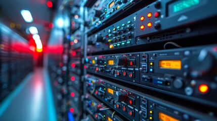 Modern data center filled with advanced server equipment illuminating the room with colorful LED lights at night