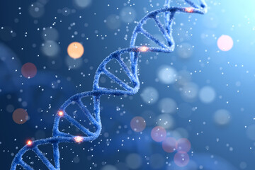 Blue DNA double helix with water molecule on blue background. 3D rendering.