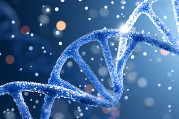 Spiral of Blue DNA double helix with light bokeh and bubble on beautiful blue background. 3D...