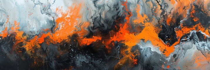 Vibrant orange and black fluid art pattern - This abstract image showcases a lively play of orange and black in a fluid art technique suggesting movement and energy
