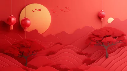 Foto auf Acrylglas Antireflex chinese lantern with flowers and red background, © Amos