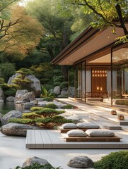 Obraz premium modern living space with lush greenery and stunning views in a serene natural setting