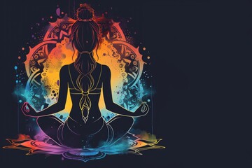 Silhouette of a meditating girl sitting in the lotus pose against the backdrop of a mandala illustration