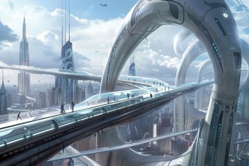 Expansive Sci-Fi City with Advanced Transportation Systems and Pedestrians