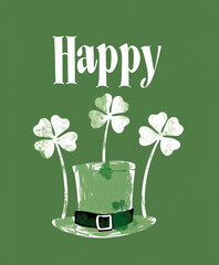 logo green background, plain background, . shamrocks, Leprechaun hat, text "Happy Patricks Day". 