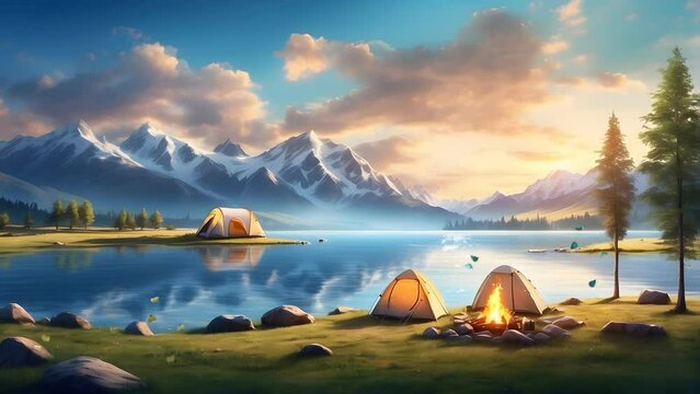 Painting of a tranquil camping site by a serene lake, backed by majestic mountains.