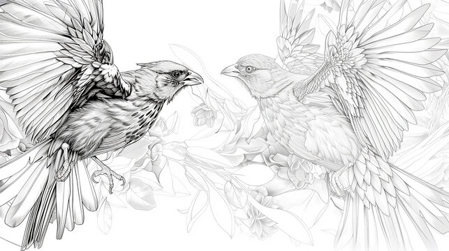 Birds such as sparrows, robins, and eagles rendered in a lifelike and detailed line art style.