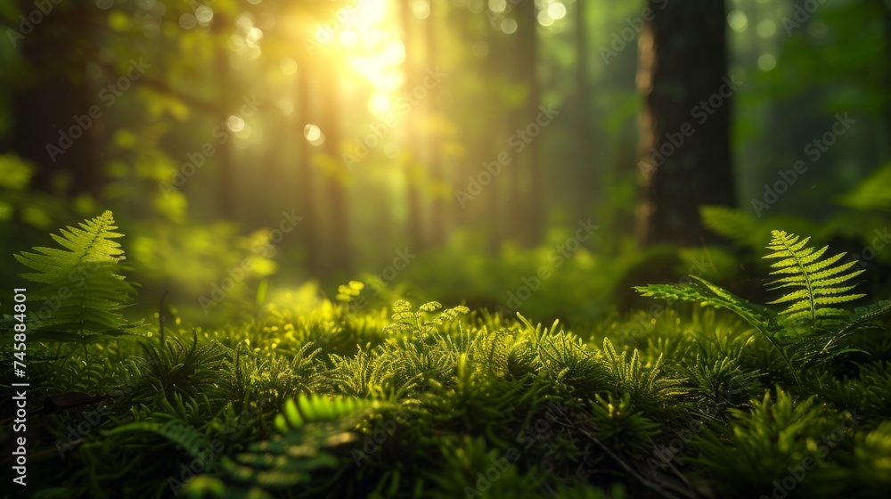 Poster sunlight filters through the tall trees in a lush forest, illuminating vibrant ferns and soft green 