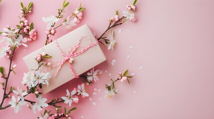 Pink Gift box with flowers isolated on pink background copy space women's day, wish greeting concept.