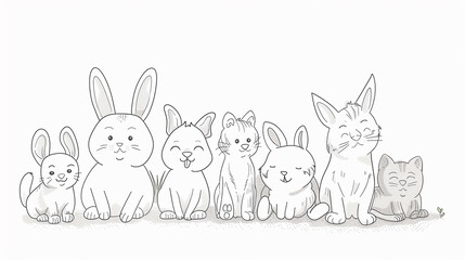 Cute and playful animals such as rabbits, cats, and dogs illustrated in a charming line art composition.