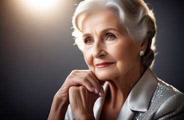Elegant senior woman in silver dress, hands near face, light on the side
