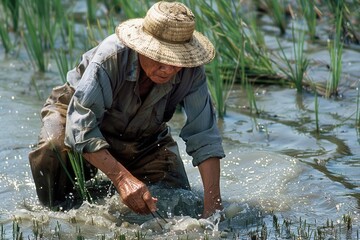 Mature man planting rice in a paddy field, traditional straw hat, focus on hands and water