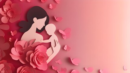 Mother's day paper cut pink art. Mother holding baby empty space for text.