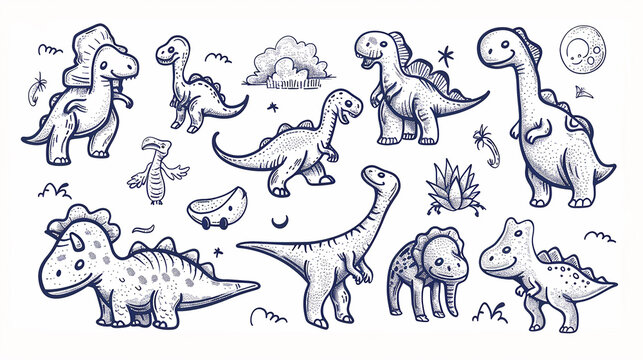 Cute and whimsical dinosaurs in playful poses and expressions, depicted in a charming line art style.