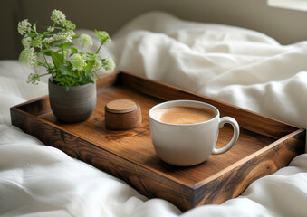 Fototapeta na wymiar Modern wooden tray with coffee on bed, cozy place to relax