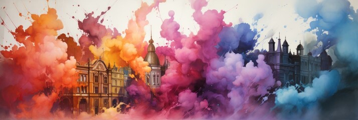 Vibrant Colored Smoke Billowing From Urban Building Generative AI