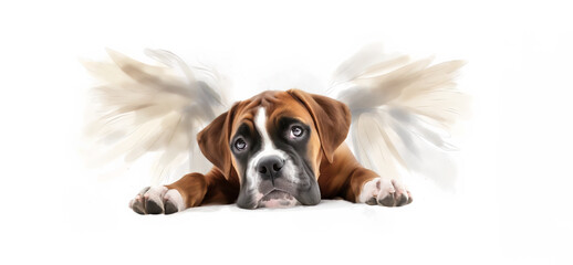 Boxer Puppy Pet Dog With White Feather Angel Wings.  Love and Paw Prints, Watercolor Art Portraits of Pet Loss.