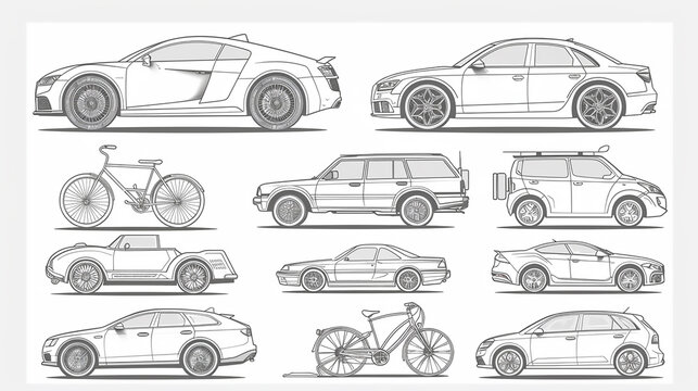 Different types of vehicles including cars, trucks, and bicycles rendered in a sleek and modern line art style.