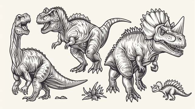 recommend clip art: Dinosaurs like T-rex, Triceratops, and Stegosaurus illustrated in a realistic and detailed line art style.