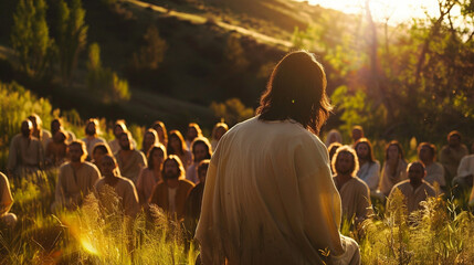 Jesus stands before a group of eager listeners, his voice resonating with authority and love, as he imparts timeless truths and principles that have the power to transform lives an - obrazy, fototapety, plakaty