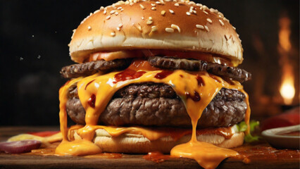 Hamburger with extra sauce and extra chese and big meat. Generative AI.