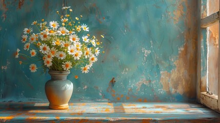 Bouquet of flowers in a vase on wooden table, copy space.