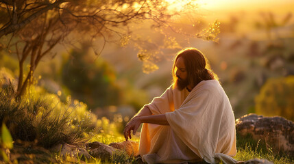 In the stillness of dawn, Jesus rises to commune with God, his soul aflame with devotion as he offers up prayers of gratitude and supplication, the first light of morning bearing w