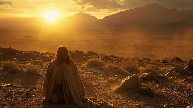 In the solitude of the desert, Jesus kneels in prayer, his soul pouring out in communion with God, the vast expanse of the wilderness bearing witness to the sacred exchange between